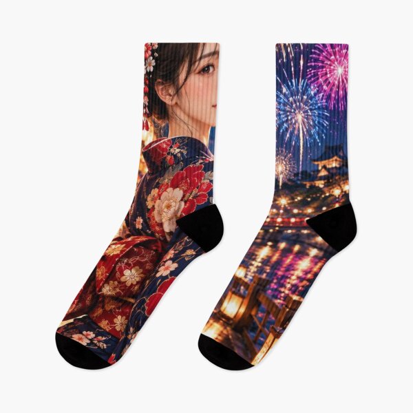 Aperçu de l'œuvre Femme japonaise en kimono avec feux d'artifice et lanternes de festival créée et vendue par vekotpu.