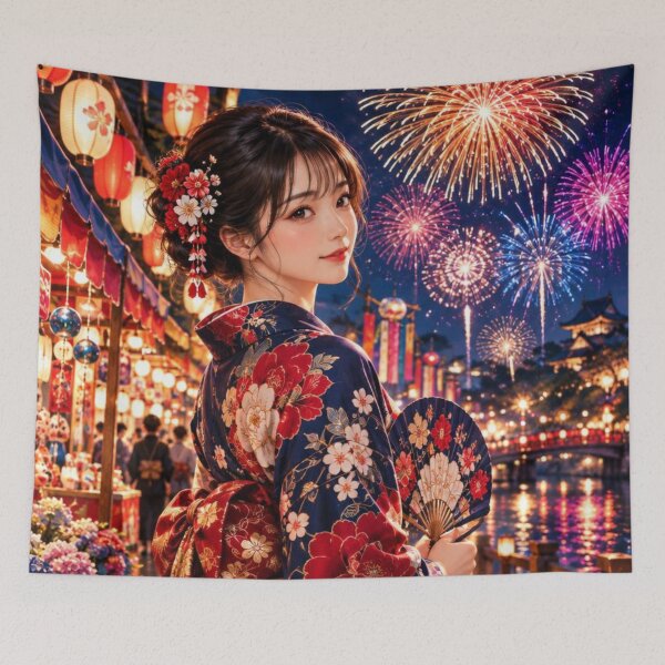 Item preview, Japanese Woman in Kimono with Fireworks and Festival Lanterns designed and sold by vekotpu.
