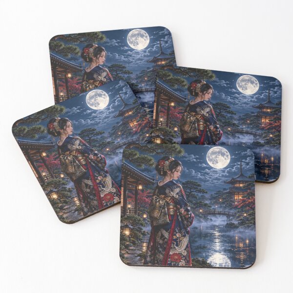 Item preview, Japanese Woman in Kimono by Moonlight in Traditional Garden designed and sold by vekotpu.