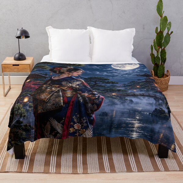 Item preview, Japanese Woman in Kimono by Moonlight in Traditional Garden designed and sold by vekotpu.
