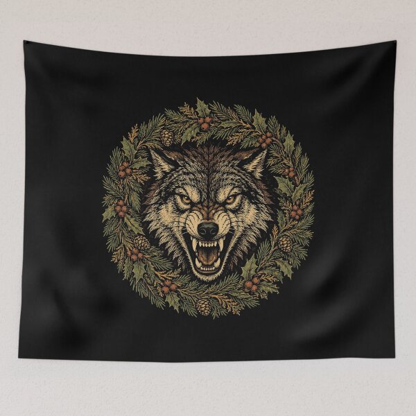 Item preview, Snarling Wolf In Winter Wreath Print designed and sold by The Mellonaire.