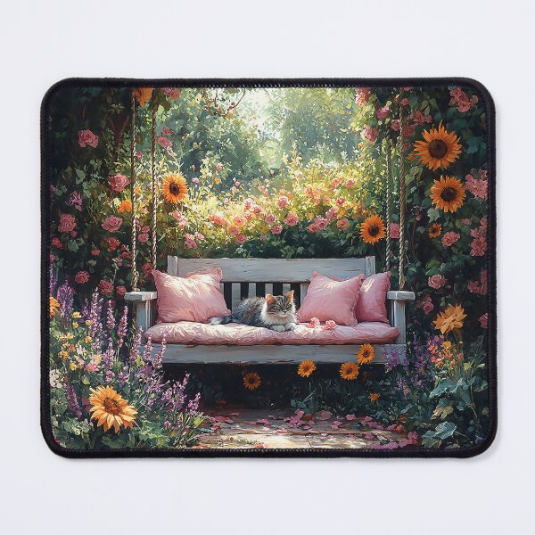 Item preview, Petals And Purrs - A Cat On A Porch Swing Surrounded By Flowers - Watercolor Art - Nature Art designed and sold by CastleBySea.