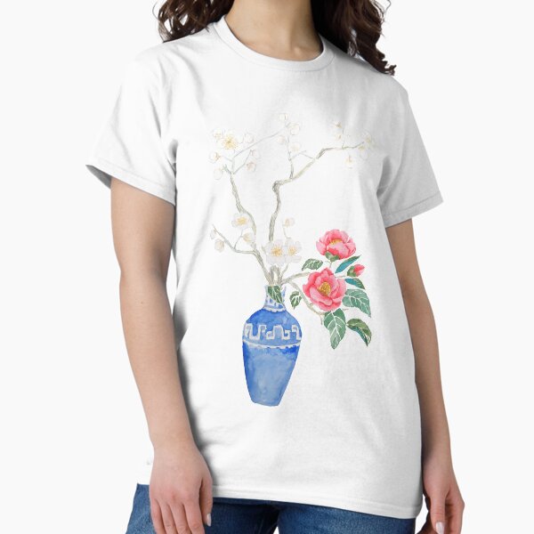 Artikel-Vorschau von handgemalte rote Kamelie Blume weiße Pflaume Blume in einer blauen Vase, designt und verkauft von ColorandColor.