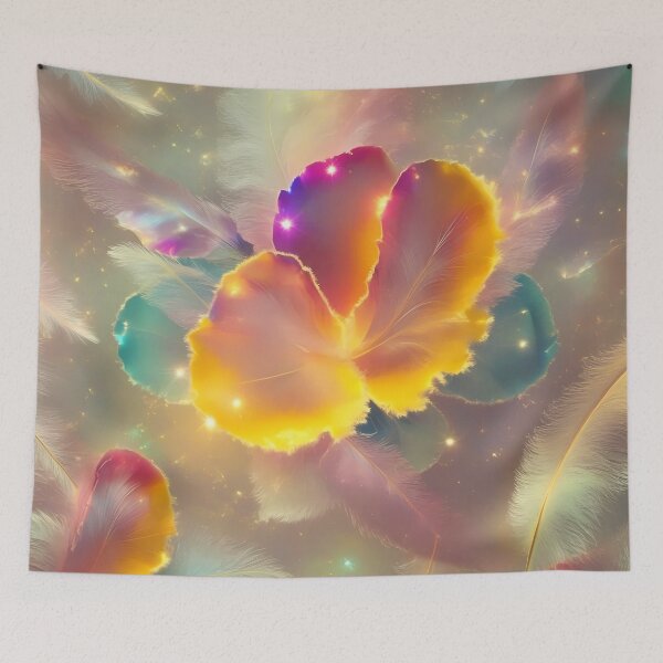 Artikelvorschau, Golden Feathers and Glowing Ethereal Blossoms - Dreamy Cosmic Art entworfen und verkauft von Marip1974.