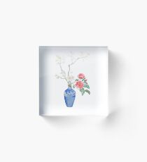 red camellia flower white plum flower in a blue vase Acrylic Block