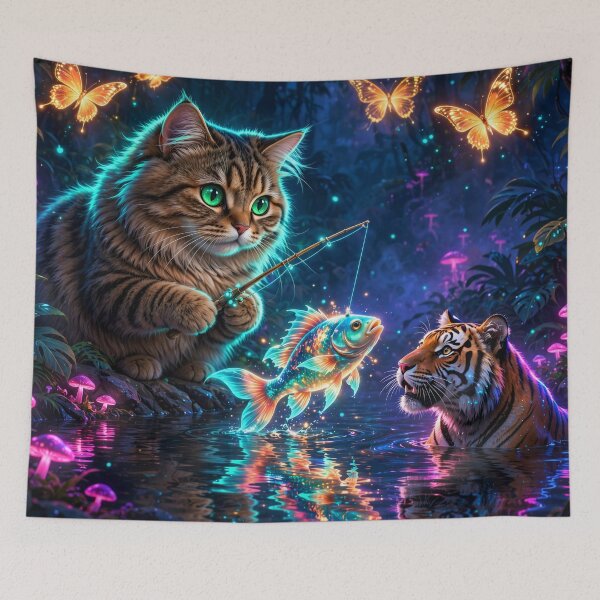 Item preview, The Cat Who Went Fishing with a Tiger designed and sold by DreamyWallVibes.