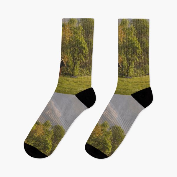 Item preview, Wooden Cabin In Meadow Near Mountain Slope At Sunset designed and sold by Mylieton.