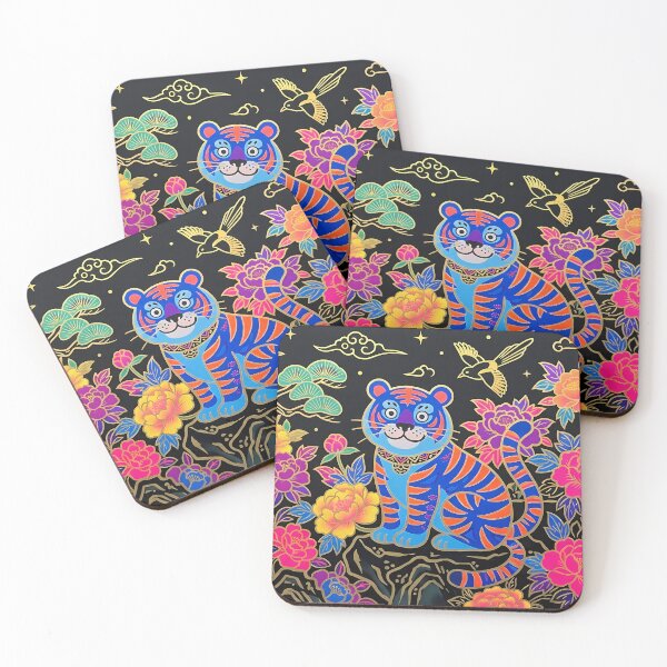 Item preview, Modern Korean Folk Art Tiger and Peonies Pop Art Deco Pattern designed and sold by SOOstudio73.