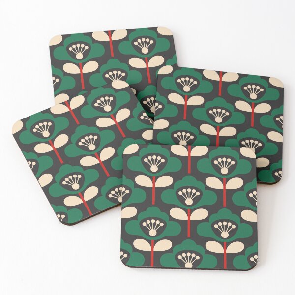Item preview, 3749A - bold retro floral poppy stems pattern green red designed and sold by RouCouCou.