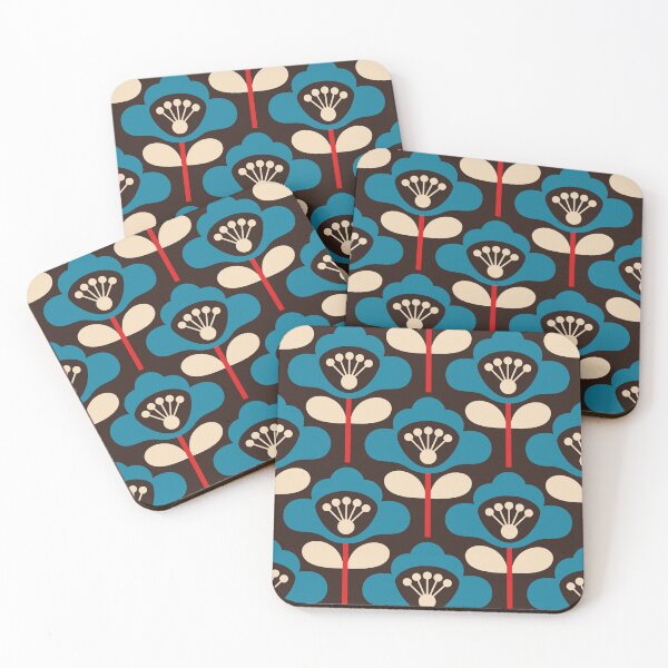 Item preview, 3749B - bold retro floral poppy stems pattern blue red designed and sold by RouCouCou.