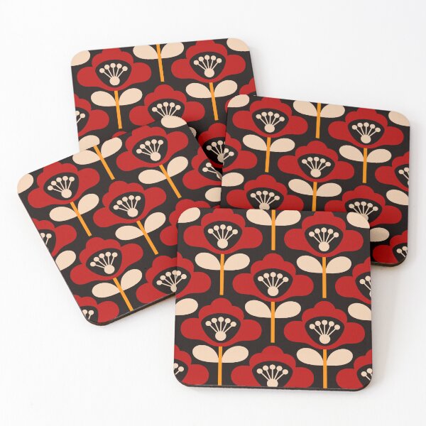 Item preview, 3749C - bold retro floral poppy stems pattern red designed and sold by RouCouCou.