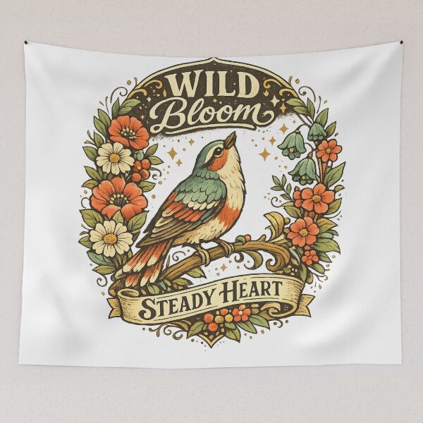 Item preview, Wild Bloom Steady Heart Vintage Bird Floral Cottagecore Nature Design designed and sold by inkoutninja.