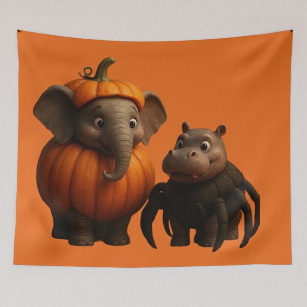 Aperçu de l'œuvre Pumpkin Elephant & Spider Hippo Halloween Squad | Adorable Halloween Animals créée et vendue par Catfcreations.