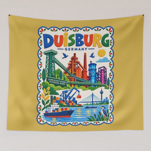 Item preview, Duisburg Germany Travel Art Illustration Embroidered Folk Art Stitched Cityscape Print designed and sold by Witsprings.