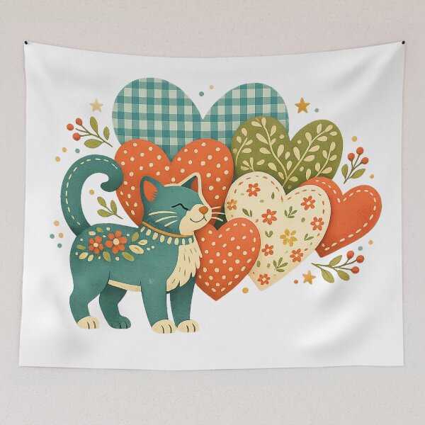 Item preview, Cute Cat Patchwork Hearts Folk Art Valentine Cottagecore Design designed and sold by inkoutninja.