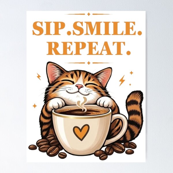 Aperçu de l'œuvre Sip Smile Repeat Coffee Cat créée et vendue par Salma.Store.
