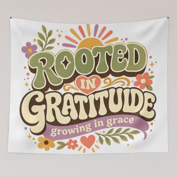 Item preview, Rooted in Gratitude Growing in Grace Inspirational Retro Floral Quote Design designed and sold by inkoutninja.