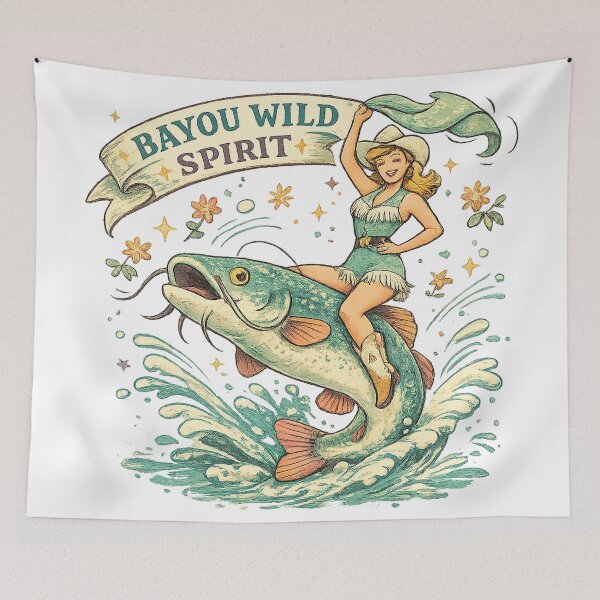 Item preview, Bayou Wild Spirit Cowgirl Riding Catfish Southern Fishing Retro Design designed and sold by inkoutninja.