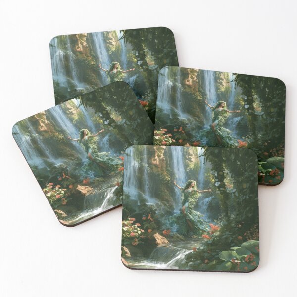 Item preview, A graceful Water Nymph dancing beside crystal waterfalls surrounded by lush greenery and blooming wildflowers, Fantasy & Mythological Creatures designed and sold by CDC40.