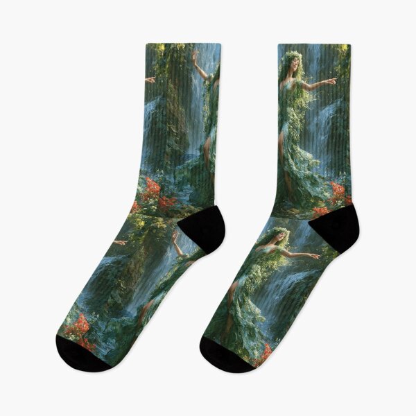Item preview, A graceful Water Nymph dancing beside crystal waterfalls surrounded by lush greenery and blooming wildflowers, Fantasy & Mythological Creatures designed and sold by CDC40.