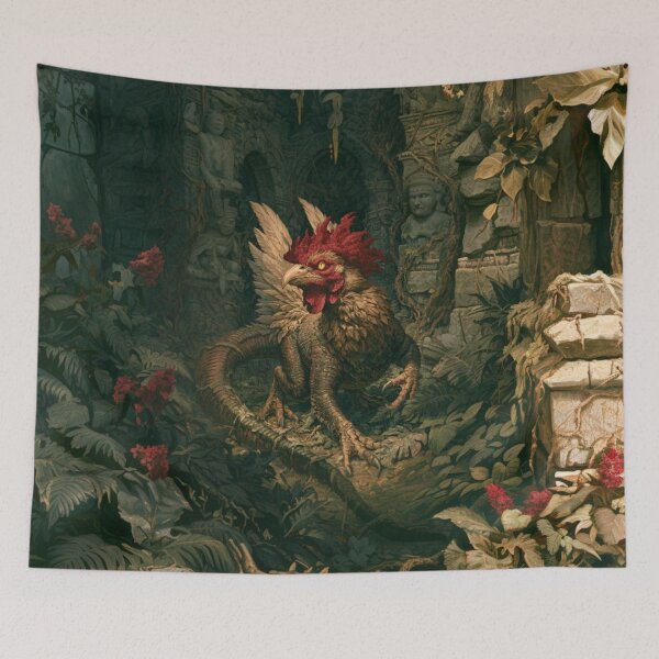 Artikelvorschau, Ein tödlicher Basilisk schlängelt sich durch dunkle Dschungelruinen, die von Lianen und antiken Statuen überwuchert sind. Fantasy- und mythologische Kreaturen entworfen und verkauft von CDC40.