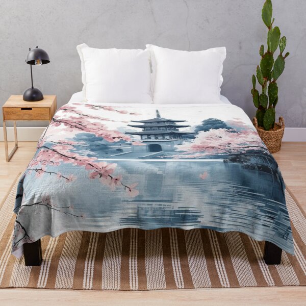 Item preview, Japanese Pagoda and Cherry Blossom Lake — Pink Sakura Landscape designed and sold by LYAN-STORE.