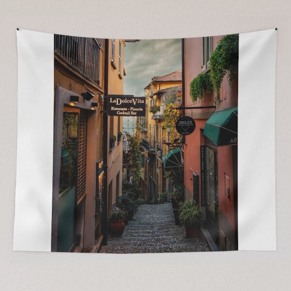 Item preview, Narrow Cobblestone Alley With Restaurant Signs In Italian Town designed and sold by Maveryc.