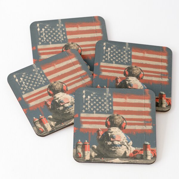 Item preview, Little Astronaut Graffiti Artist - US Flag Space Street Art Mural designed and sold by GrinGalore.