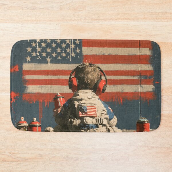 Item preview, Little Astronaut Graffiti Artist - US Flag Space Street Art Mural designed and sold by GrinGalore.