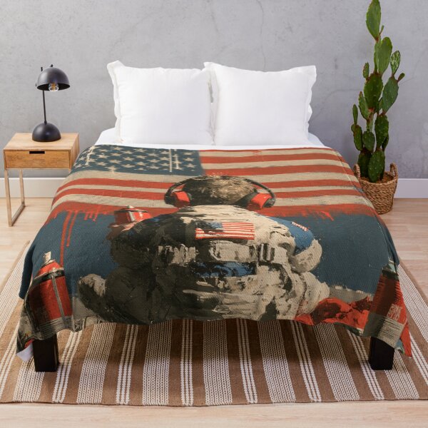 Item preview, Little Astronaut Graffiti Artist - US Flag Space Street Art Mural designed and sold by GrinGalore.