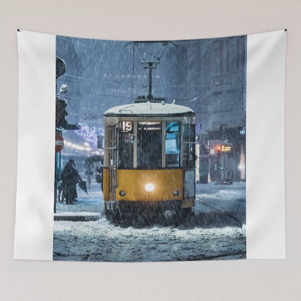 Item preview, Classic Yellow Tram Navigating Through Heavy Snowstorm In City designed and sold by Francisera.