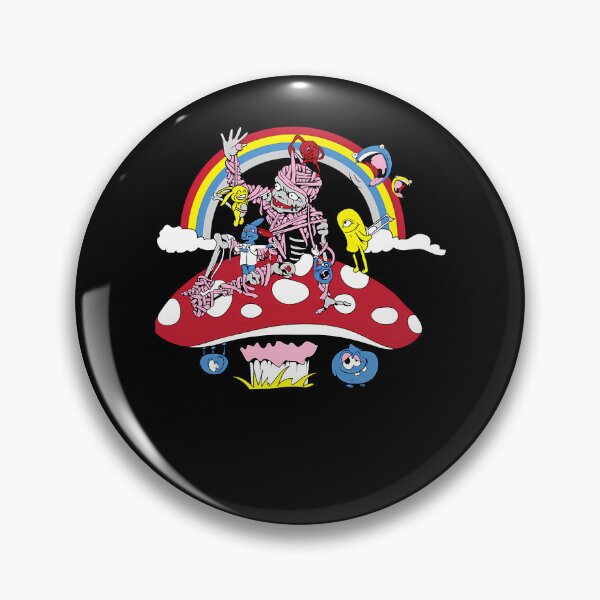 Item preview, Pink Bandage Mummy Sitting on Giant Red Spotted Mushroom Under Rainbow designed and sold by ToniSchmeler.