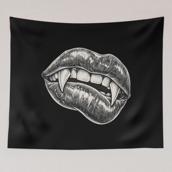 Item preview, Vintage Woodcut Vampire Fangs Biting Lip Halloween Art Print designed and sold by adiencarteras.