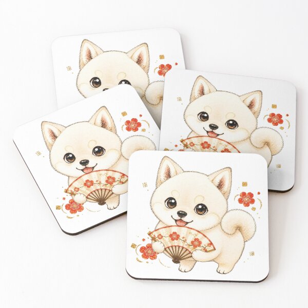 Item preview, Cream Shiba Inu with Japanese Folding Fan designed and sold by Kawaii Matcha Studio.