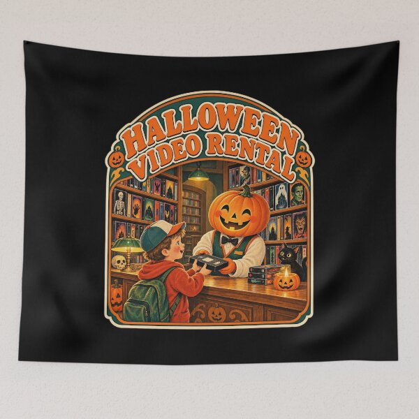 Aperçu de l'œuvre Illustration du comptoir d'un vidéoclub de location de vidéos d'Halloween des années 80 créée et vendue par Aqouiatiqe.