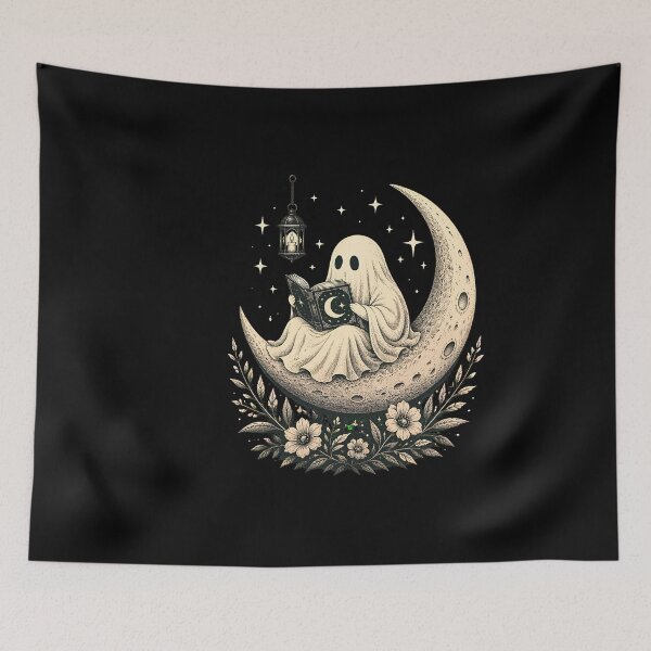 Item preview, Witchy Ghost Reading Book Floral Moon Halloween Bookworm designed and sold by leocreatives.