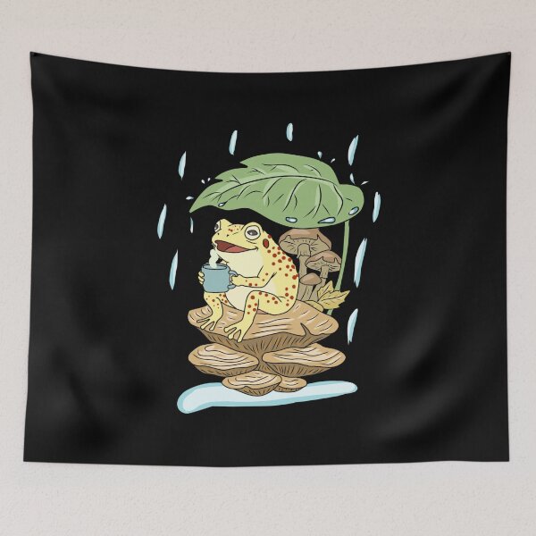 Item preview, Frog Coffee Rain Cottagecore Leaf Umbrella Mushroom Toad Illustration designed and sold by LeshanArt.