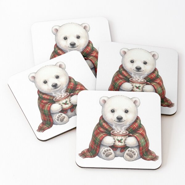 Item preview, Cozy Christmas Polar Bear with Hot Cocoa Winter Plaid Blanket designed and sold by Jonaree Art Design.