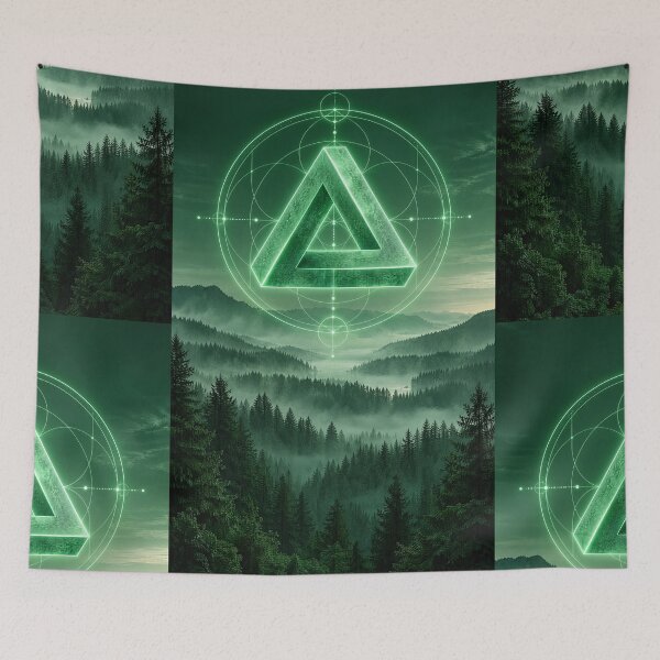 Item preview, Glowing Green Penrose Triangle Over Misty Forest designed and sold by monkeybusiness.pt.