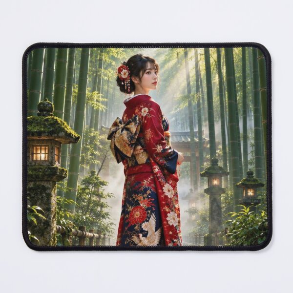 Item preview, Japanese Woman in Kimono Walking Through Serene Bamboo Forest Path designed and sold by vekotpu.