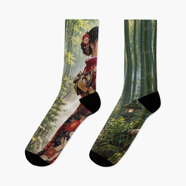Item preview, Mujer japonesa con kimono caminando por un sendero sereno en un bosque de bambú. designed and sold by vekotpu.