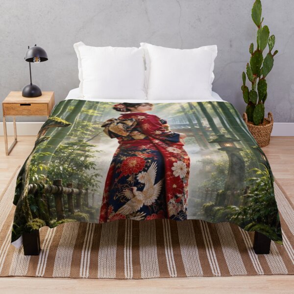 Item preview, Japanese Woman in Kimono Walking Through Serene Bamboo Forest Path designed and sold by vekotpu.