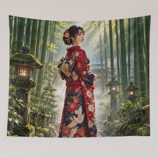 Item preview, Japanese Woman in Kimono Walking Through Serene Bamboo Forest Path designed and sold by vekotpu.