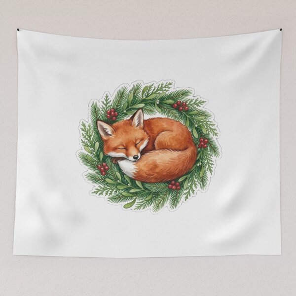 Item preview, Sleeping Christmas Fox in Evergreen Pine Wreath Holiday Woodland designed and sold by Jonaree Art Design.