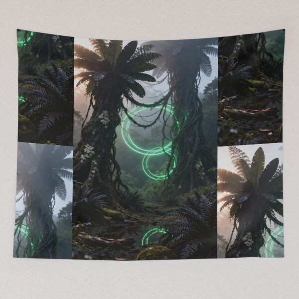 Item preview, Glowing Green Neon Rings In Misty Jungle designed and sold by monkeybusiness.pt.