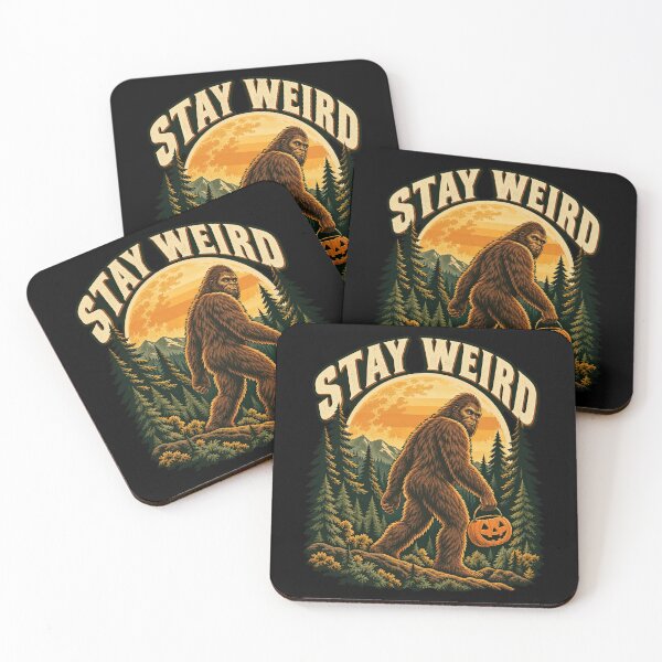 Item preview, Stay Weird Bigfoot Sasquatch Sunset Pine Forest Art Artwork designed and sold by Felinefinesse.