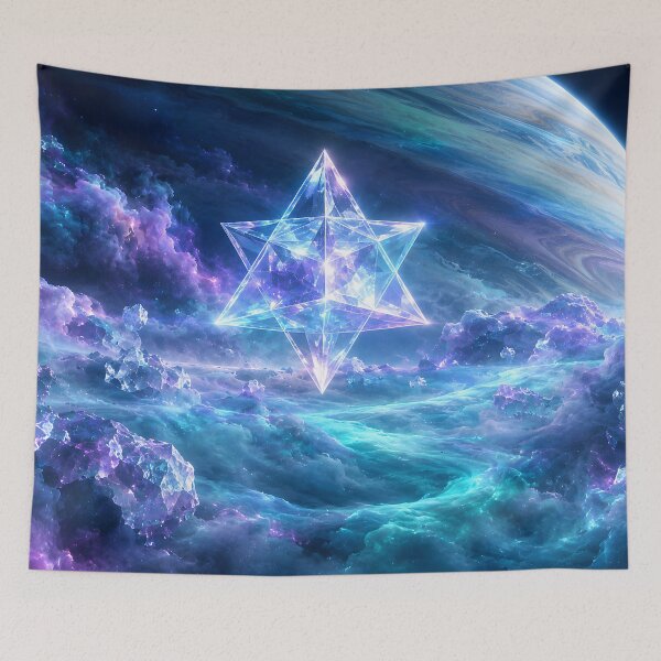 Aperçu de l'œuvre Merkaba cristalline flottant au-dessus d'un géant gazeux cosmique créée et vendue par monkeybusiness.pt.
