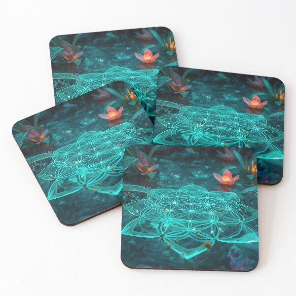 Item preview, Glowing Sacred Geometry Lotus Floating On Bioluminescent Lagoon designed and sold by monkeybusiness.pt.