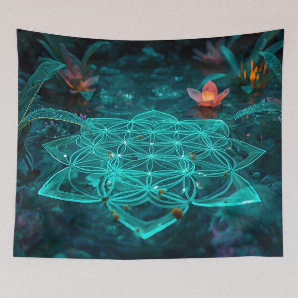 Item preview, Glowing Sacred Geometry Lotus Floating On Bioluminescent Lagoon designed and sold by monkeybusiness.pt.