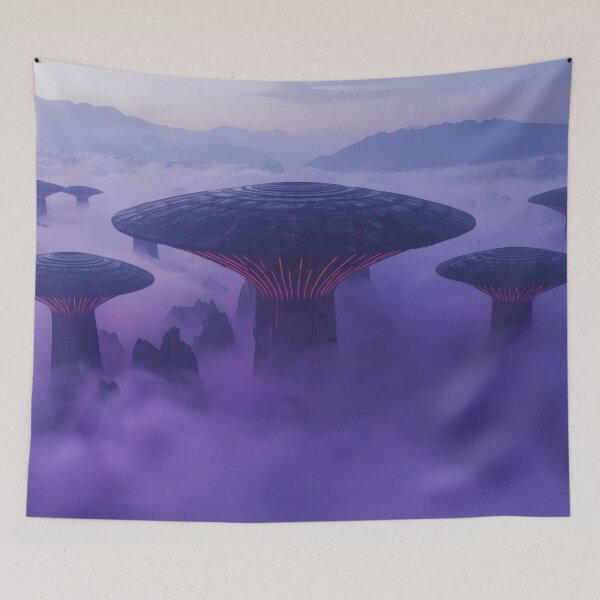 Item preview, Futuristic Megastructures Rising Above Purple Cloud Sea designed and sold by monkeybusiness.pt.